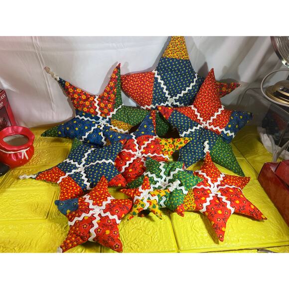 Vintage Christmas Hand Sewn Cloth Fabric Stuffed Star Ornaments Tree Set 11 - Picture 1 of 16